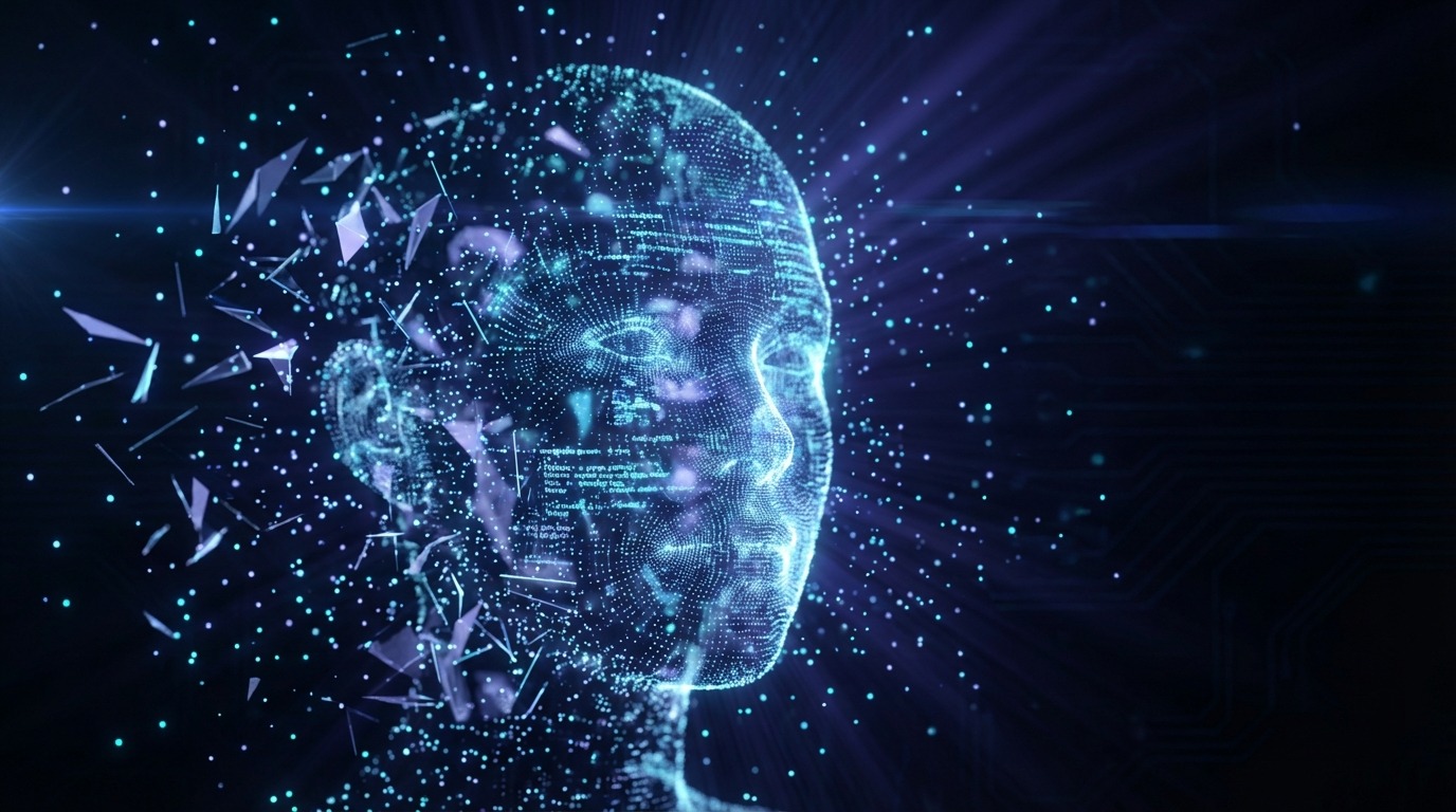 AI face emerging from data particles